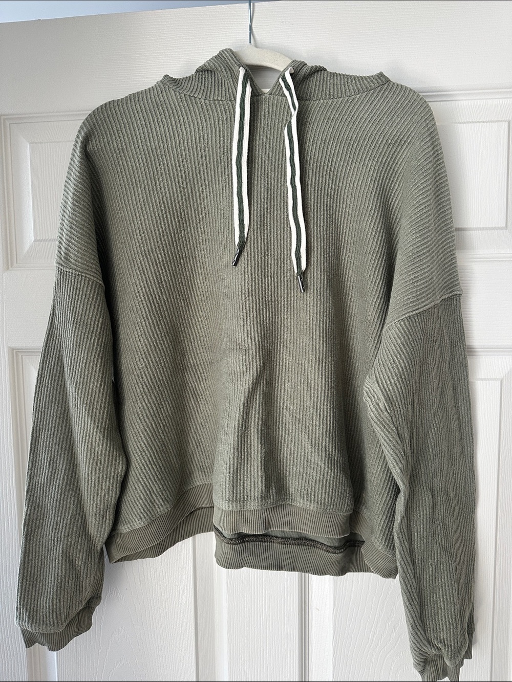 aerie Olive Ribbed Hoodie Sweatershirt with Contrast Drawstrings